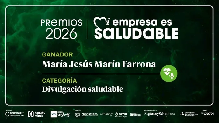 Tarjeta de los Premios Mi Empresa es Saludable 2026: ganadora María Jesús Marín Farrona, categoría Divulgación saludable.